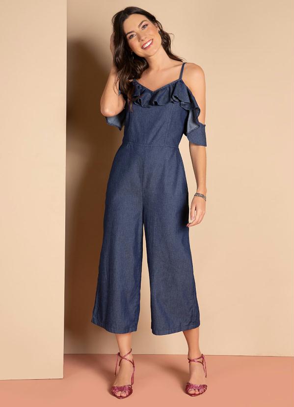 Quintess - Macacão de Alças Jeans com Bolsos Funcionais