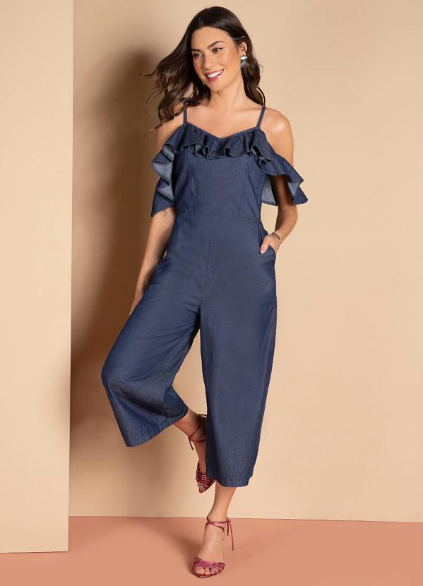 Quintess - Macacão de Alças Jeans com Bolsos Funcionais 3