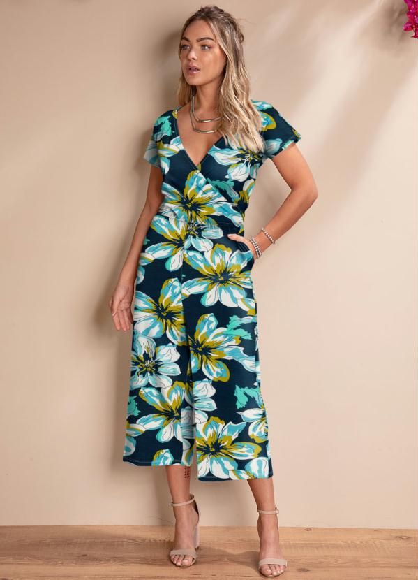 Quintess - Macacão Floral Azul com Decote Transpassado