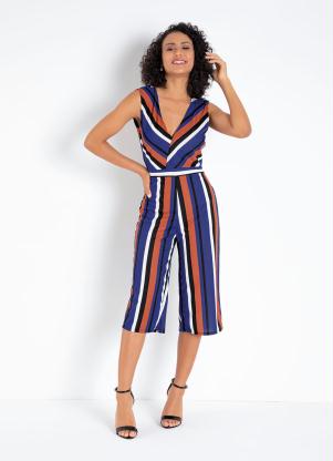 Moda Pop - Macacão Listrado com Zíper no Decote - MODA POP