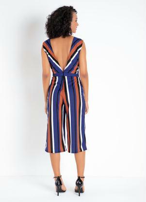 Moda Pop - Macacão Listrado com Zíper no Decote - MODA POP