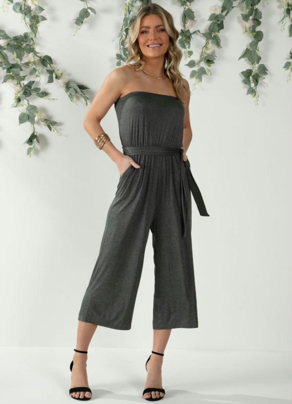 Quintess - Macacão Mescla Chumbo Tomara que Caia com Bolsos