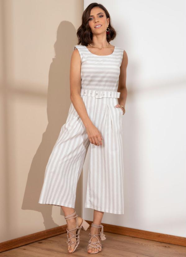 Quintess - Macacão Pantacourt Listras Bege com Cinto