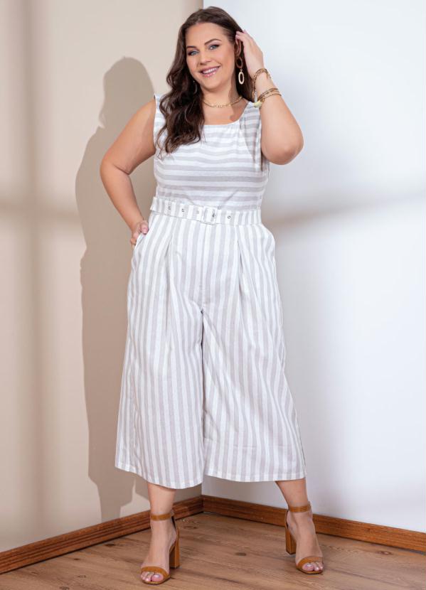 Quintess - Macacão Pantacourt Listras Bege com Cinto 4