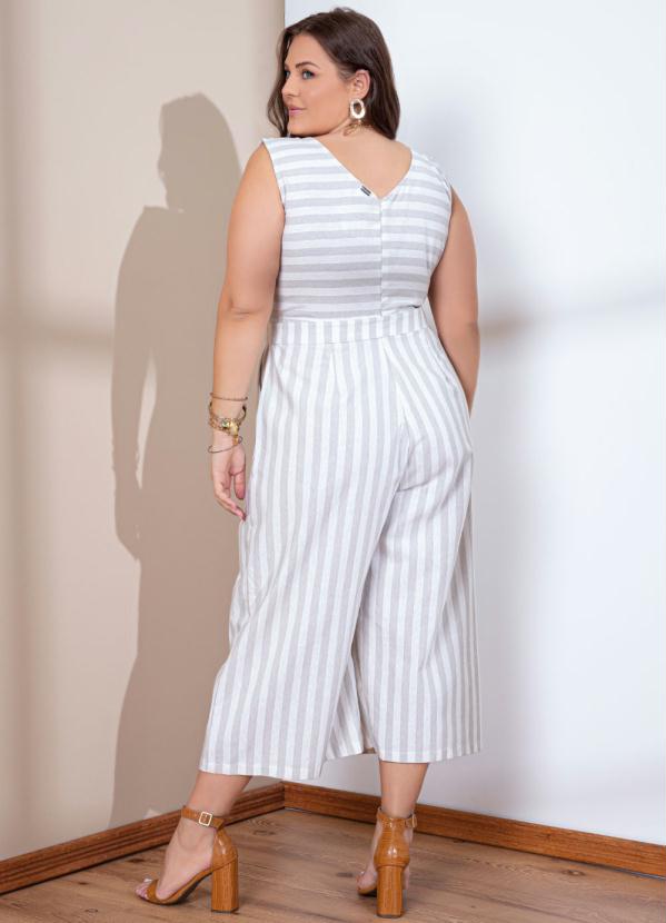 Quintess - Macacão Pantacourt Listras Bege com Cinto 5