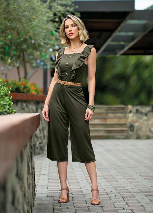 Moda Pop - Macacão Verde Militar com Babados e Botões 6
