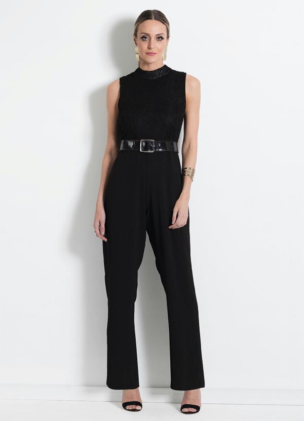 Multimarcas - Macacão em Crepe e Renda Preto