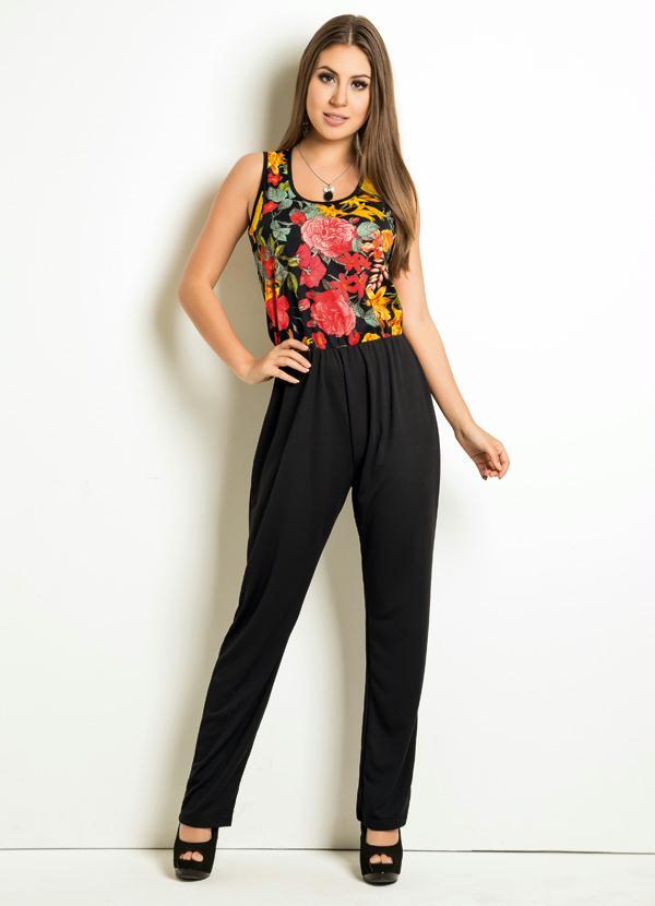 Outlet - Macacão Floral e Preto sem Manga