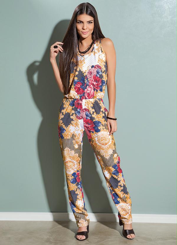 Outlet - Macacão Recorte Gota Decote Costas Mix Estampa