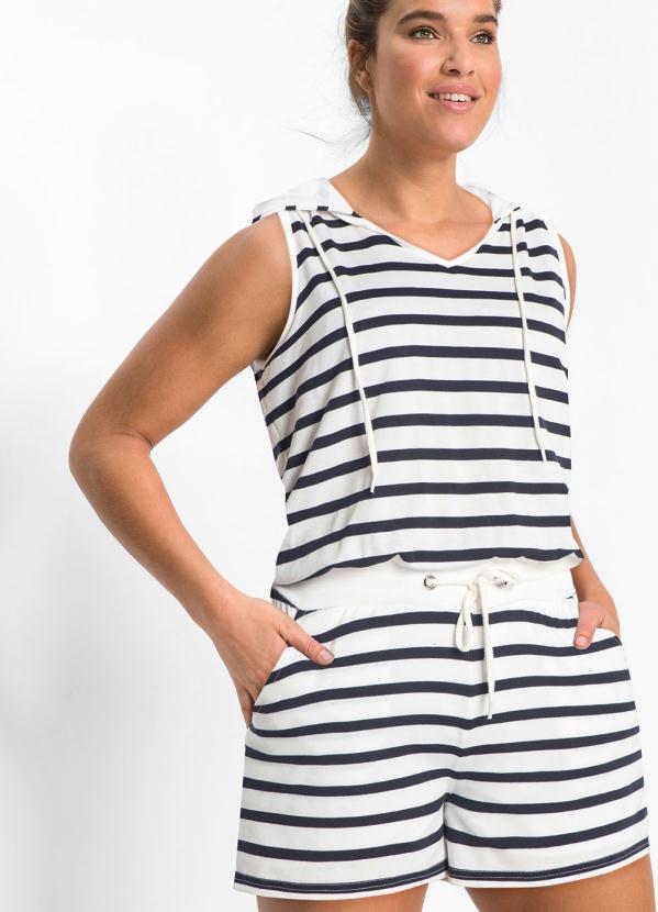 bonprix - Macaquinho com Capuz Listrado Branco