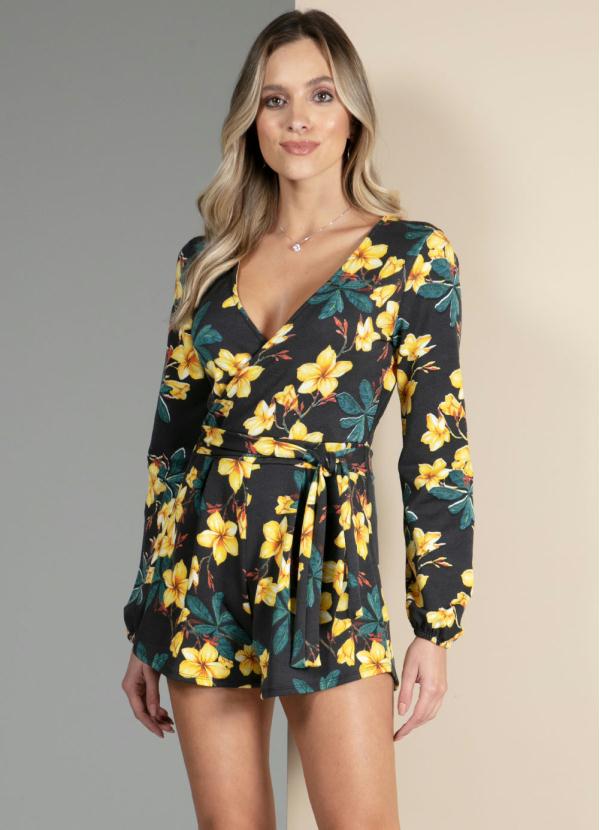 Quintess - Macaquinho com Decote Transpassado Floral Dark