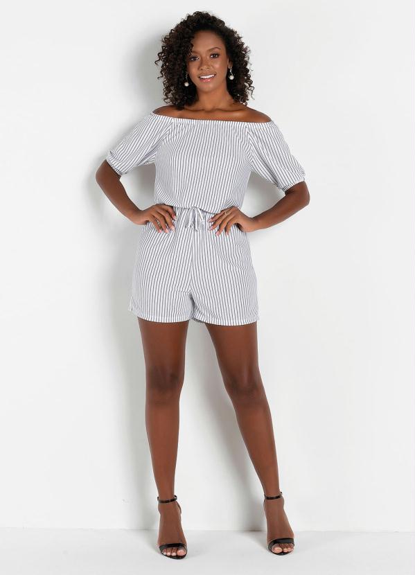 Outlet - Macaquinho com Manga 3/4 Listras Branca 3