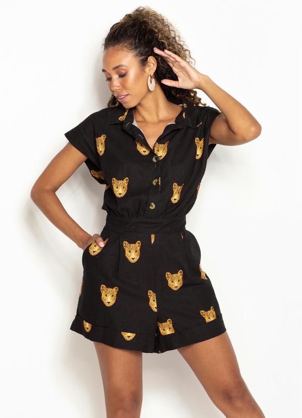 Farm - Macaquinho de Linho Cara de Onca Preto