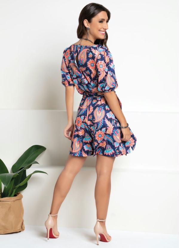 Quintess - Macaquinho Floral Marinho com Bolso e Faixa 4