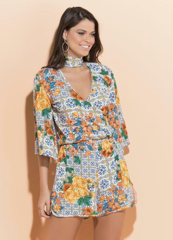 Quintess - Macaquinho Gola Choker Azulejo e Floral Quintess