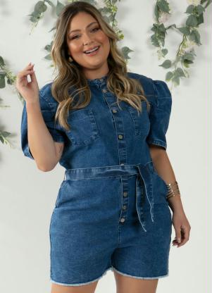 Quintess - Macaquinho Jeans Médio Mangas Bufantes e Faixa - QUINTESS