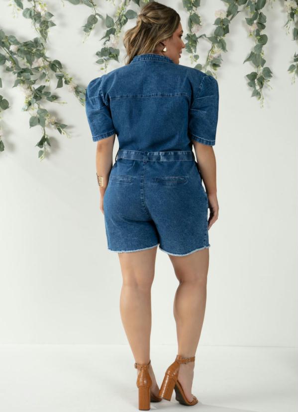 Quintess - Macaquinho Jeans Médio Mangas Bufantes e Faixa