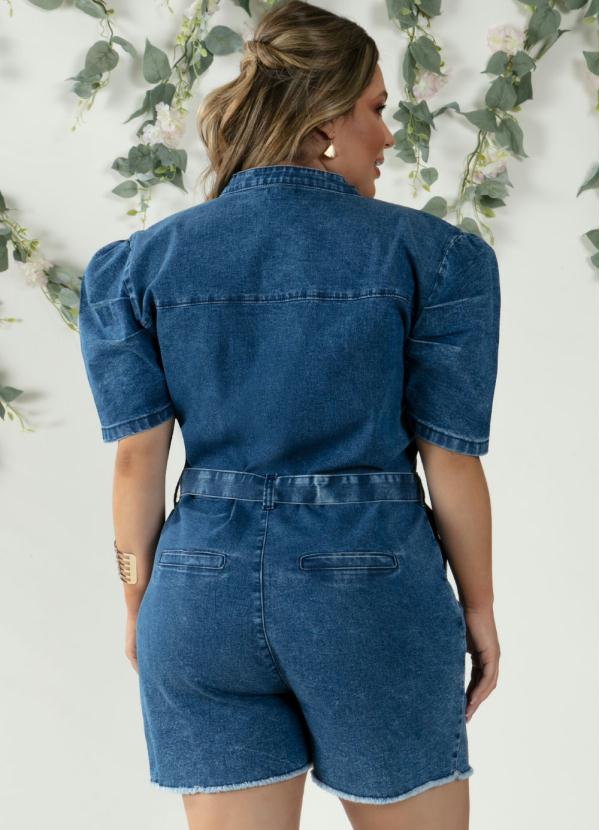 Quintess - Macaquinho Jeans Médio Mangas Bufantes e Faixa 10