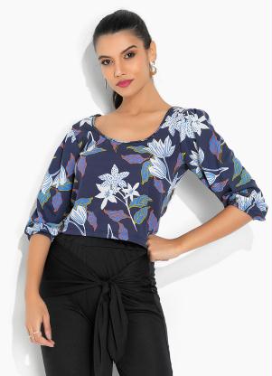 Moda Pop - Blusa Floral Azul com Mangas Bufantes - MODA POP