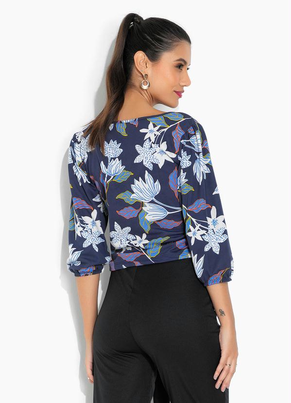 Moda Pop - Blusa Floral Azul com Mangas Bufantes 2