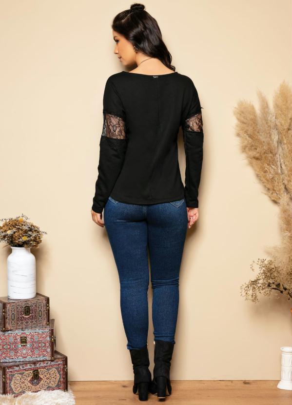 Quintess - Casaco de Moletinho Preto com Renda nas Mangas 4
