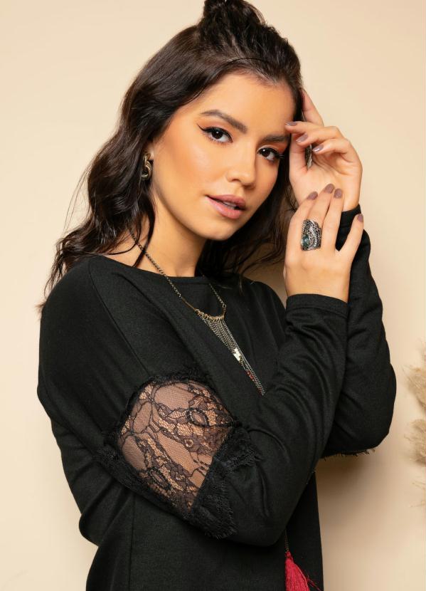 Quintess - Casaco de Moletinho Preto com Renda nas Mangas 5