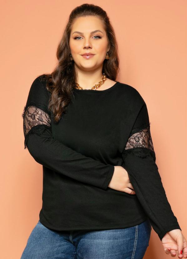 Quintess - Casaco de Moletinho Preto com Renda nas Mangas 6