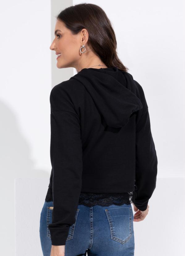 Quintess - Casaco em Moletinho Preto com Capuz e Renda 2