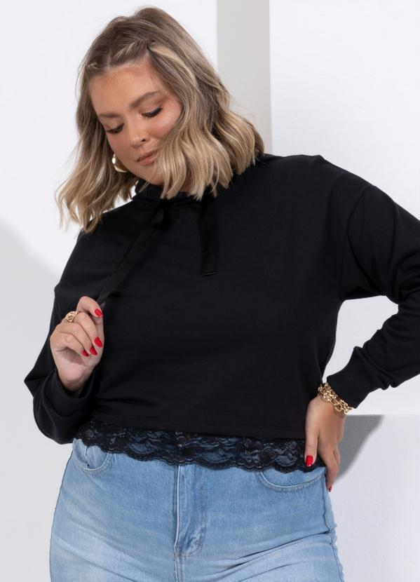 Quintess - Casaco em Moletinho Preto com Capuz e Renda 5