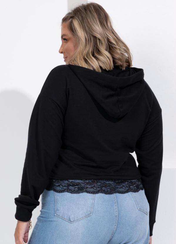 Quintess - Casaco em Moletinho Preto com Capuz e Renda 6