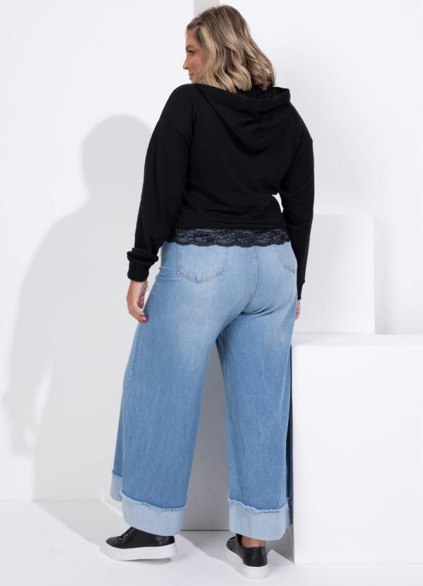 Quintess - Casaco em Moletinho Preto com Capuz e Renda 8