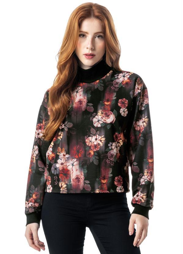 Enfim - Casaco Preto Floral em Moletom