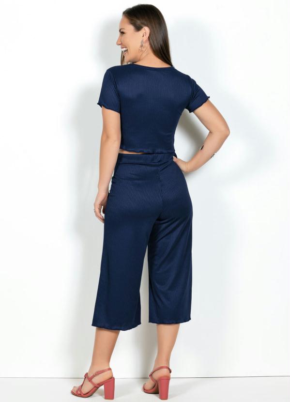 Queima Estoque - Calça Pantacourt Azul com Elástico no Cós 4