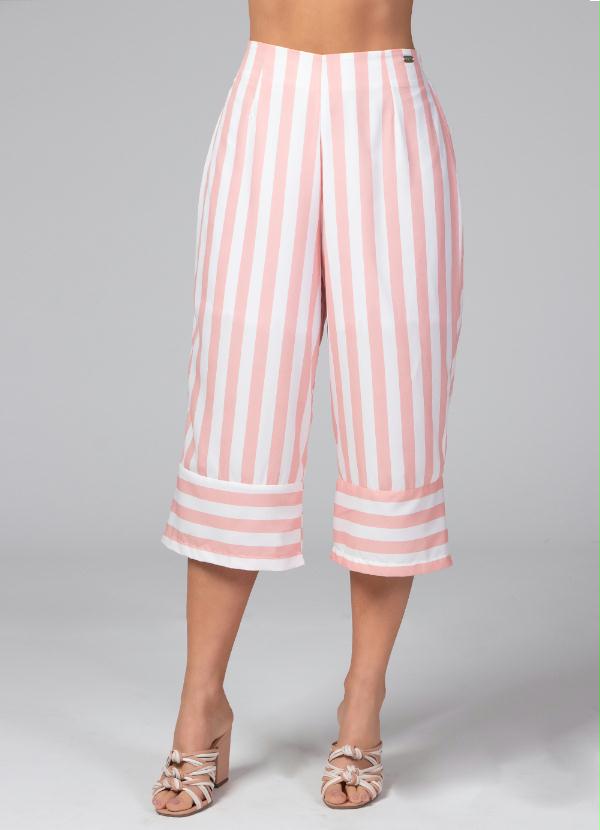 Quintess - Calça Pantacourt com Elástico Listrada Rosa