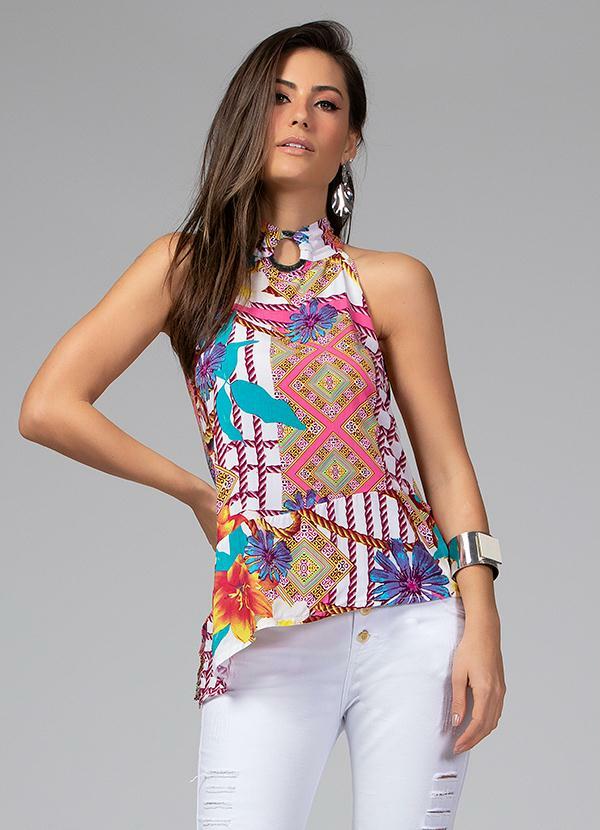 Quintess - Blusa Assimétrica com Gola e Argola Floral Rosa