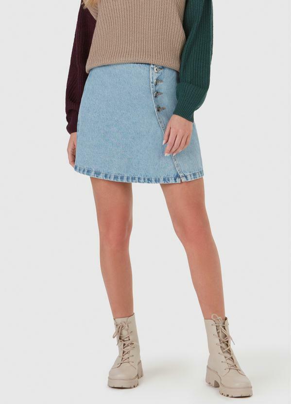 Saia Jeans Curta Cintura Alta Floerns - Azul Claro Com Bainha Crua Tamanho G