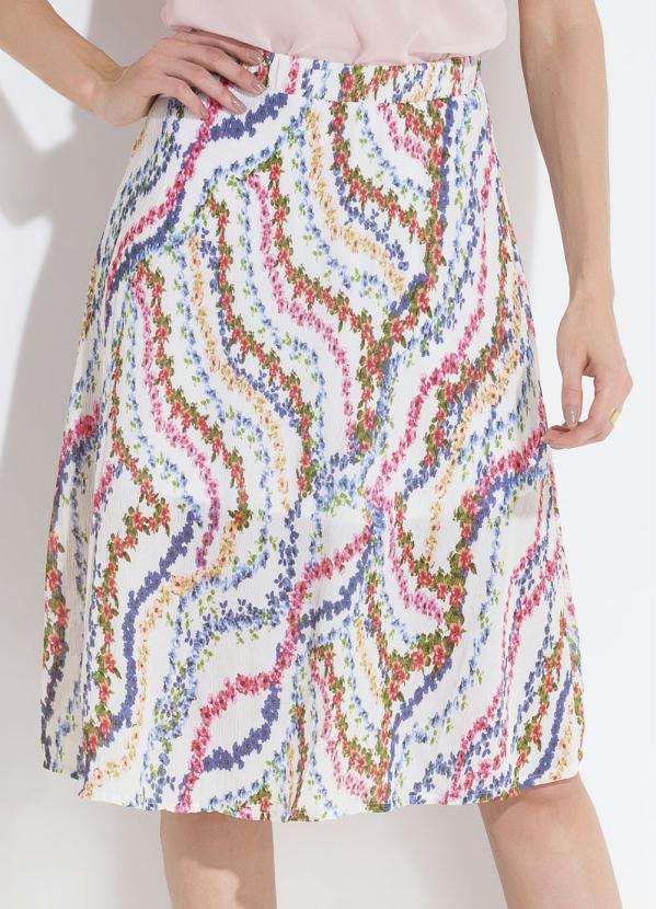 Quintess - Saia Midi Cintura Alta Floral Branco Quintess