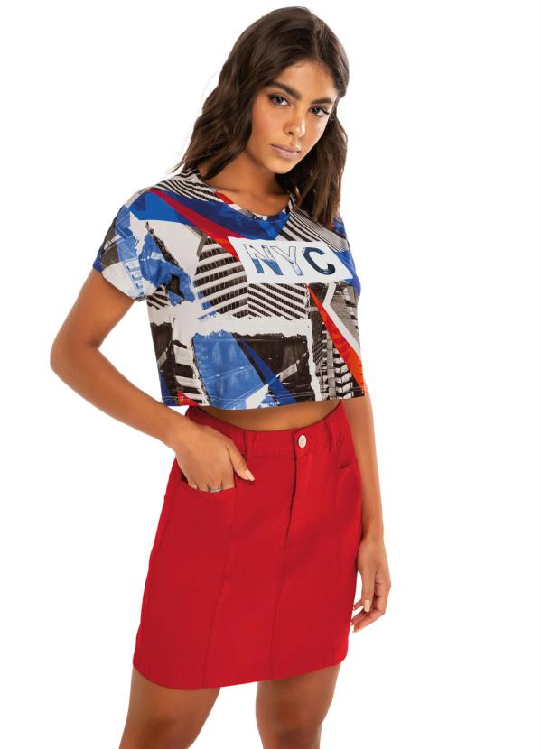 Enfim - Saia Vermelha Cintura Alta em Sarja 2