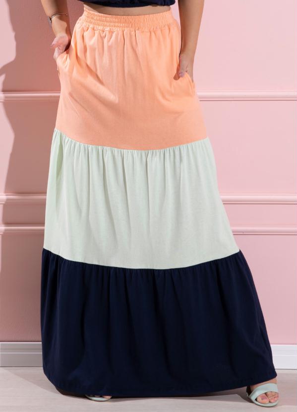 Quintess - Saia Longa com Recortes Coral, Verde e Marinho