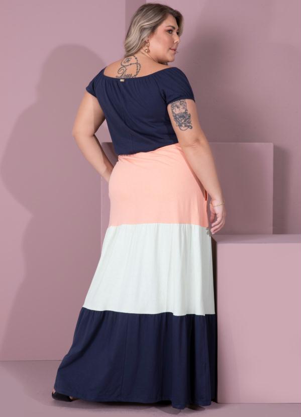 Quintess - Saia Longa com Recortes Coral, Verde e Marinho 11