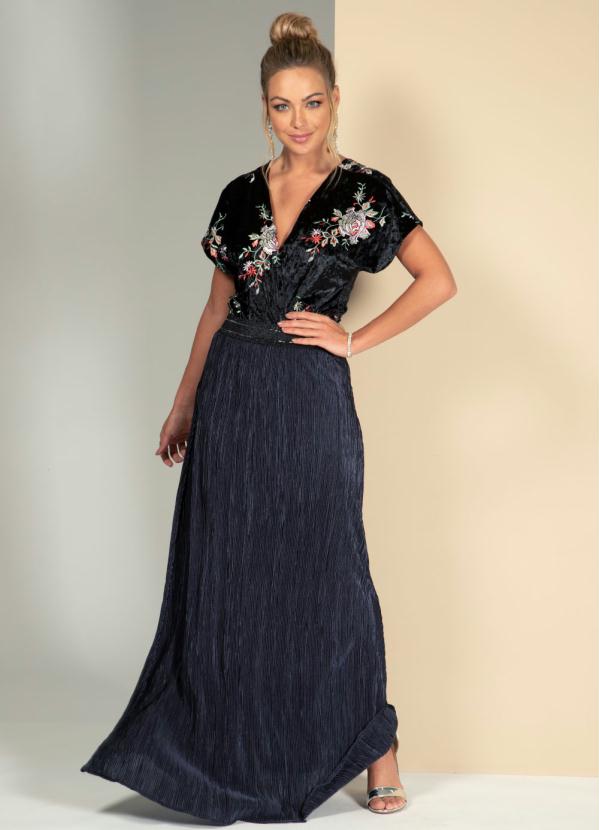 Quintess - Saia Longa Plissada Marinho com Elástico 5