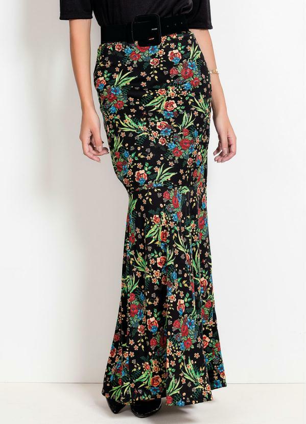 Outlet - Saia Sereia Floral Preta Moda Evangélica