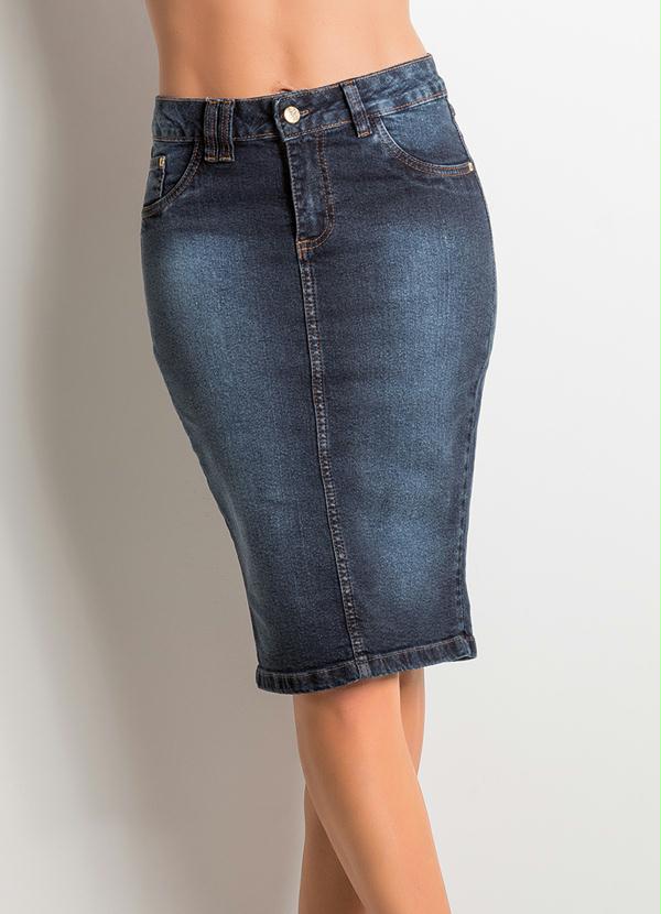 Janine - Saia Midi Cintura Alta Jeans