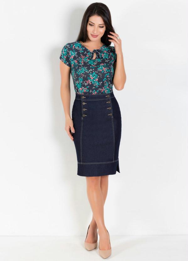 Rosalie - Saia Azul Escuro com Botões Frontais 6