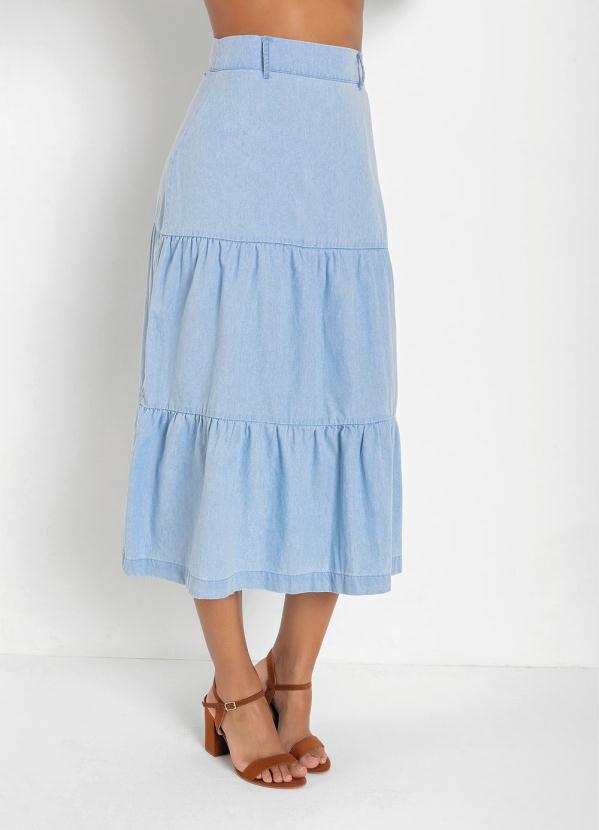 Rosalie - Saia Camadas Jeans Claro Moda Evangélica