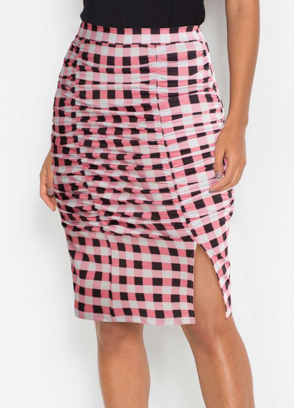 bonprix - Saia com Franzidos Estampada Xadrez Rosa e Preto