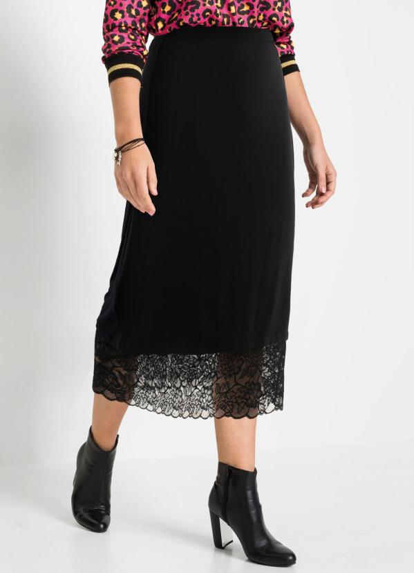 bonprix - Saia com Renda e Fenda na Barra Preta
