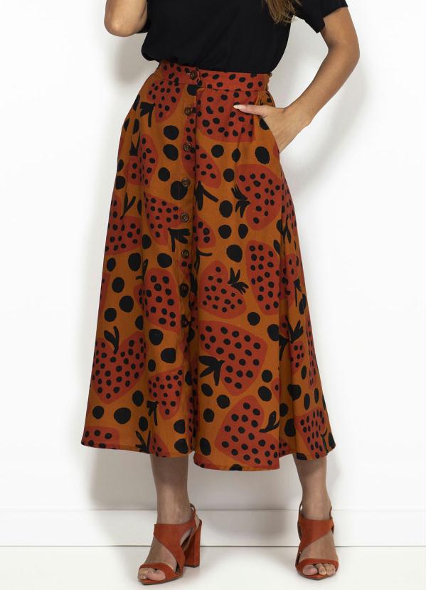 Farm - Saia de Linho Coração de Morangos Laranja