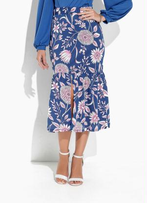 Rosalie - Saia Floral Azul com Fenda - ROSALIE