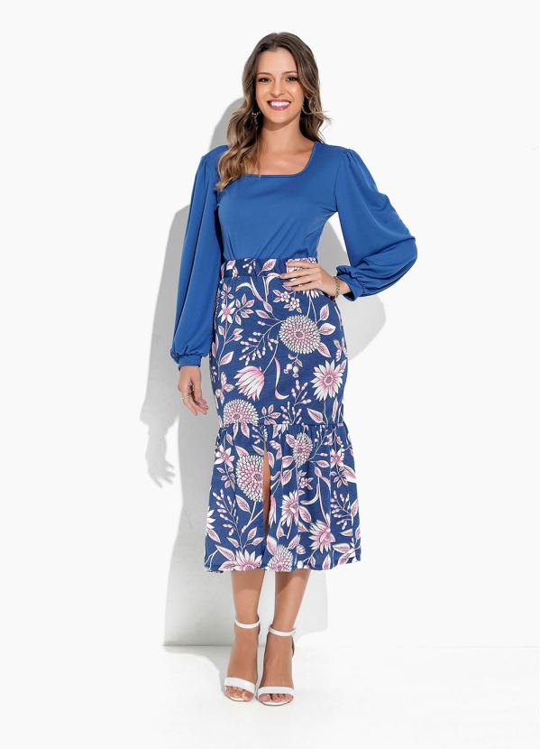 Rosalie - Saia Floral Azul com Fenda 3